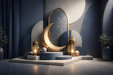 Elegant Islamic Decoration with Crescent Moon and Lanterns