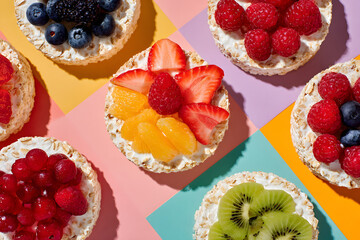 Colorful fruit tarts arranged on a table with different backgrounds showcasing various fruits and textures