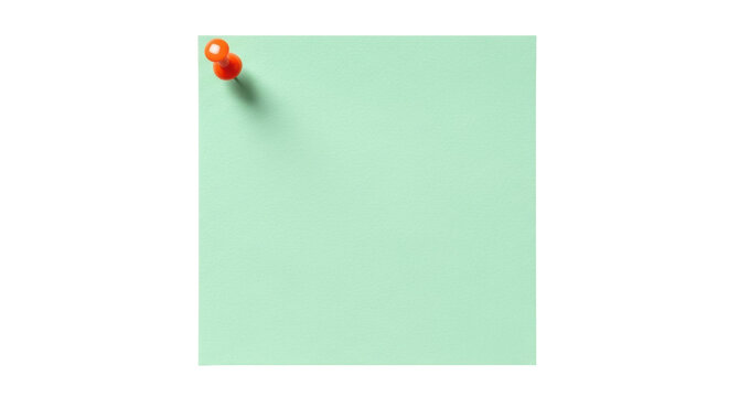 Mint green square sticky note with orange push pin PNG isolated on transparent background, reminder for office and personal use
