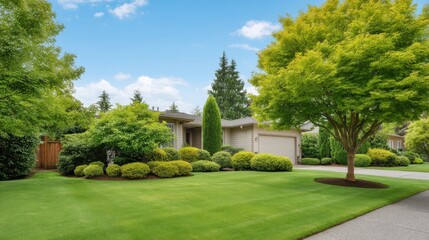 Obraz premium Lush Green Lawn and Well-Maintained Garden Surrounding a Modern Home Under Clear Blue Sky in Tranquil Suburban Neighborhood Setting