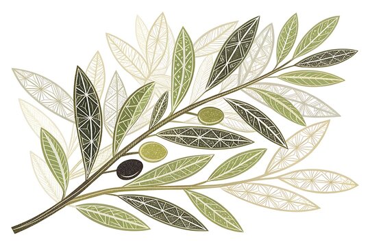 Stylized olive branch with green and pale leaves and olives