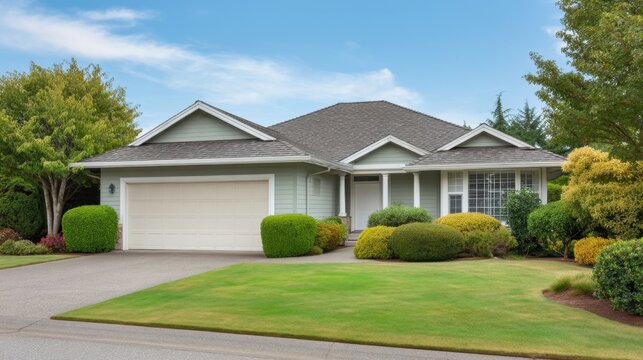 Charming suburban house with well-maintained garden and driveway, perfect for showcasing modern architecture and landscaping in a peaceful neighborhood