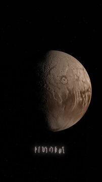 Pluto day , planet Pluto full rotation  with animated text and night sky with stars in the background