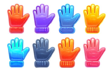 Obraz premium A collection of eight colorful gloves in various hues arranged in two rows on a transparent background