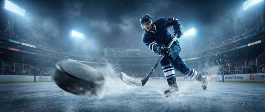 Dynamic ice hockey player in action indoor arena sports photography competitive environment low angle view high energy gameplay captured in motion