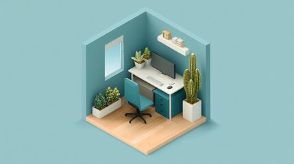 Cozy and Modern Home Office Setup with Desk, Computer, Plants, and Bright Blue Wall in Minimalist Design Style for Productive Work Environment