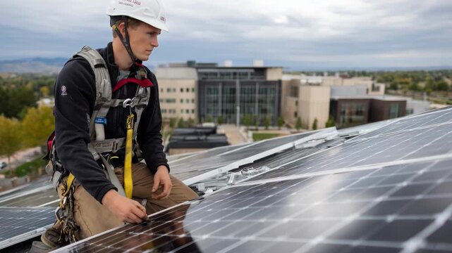 Worker adjusting tilt angle of rooftop solar panels to maximize sunlight exposure during routine maintenance inspection.