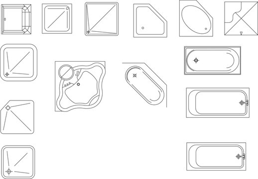 Technical vector illustration of various shower trays and bathtub layouts from a top view, featuring square, corner, and rectangular designs.