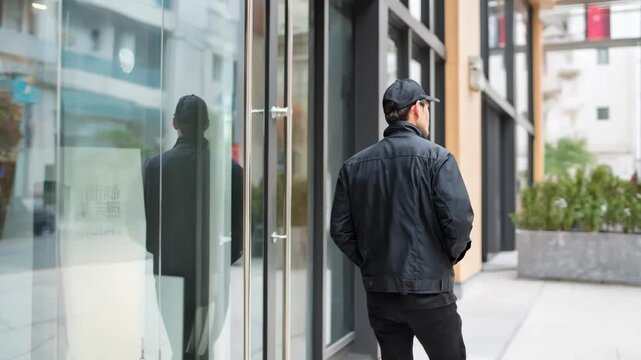 Daytime security patrol in a commercial building focused on inspecting doors and windows to ensure no unauthorized items are present.