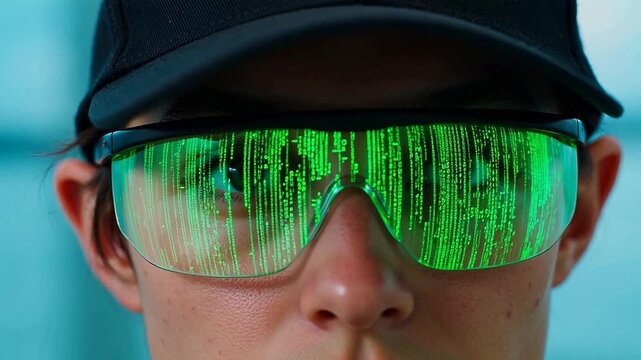 Person wearing glasses with digital matrix effect