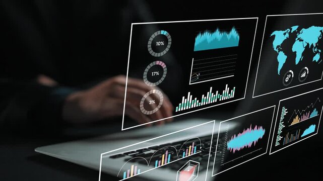 Abstract representation of data analytics with visual graphs and charts on a laptop screen in a dark workspace focusing on analytics and technology themes Gluon.