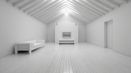 Fototapeta premium Spacious minimalistic interior design of a modern living room with white walls, wooden floor, large windows, and contemporary furniture in an airy atmosphere