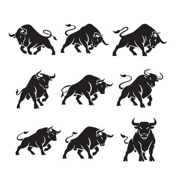 Bull Silhouettes Set: Aggressive Poses, Powerful Animal Icons, Vector Graphics