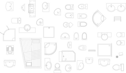 Comprehensive vector mega-bundle of bathroom floor plan icons, including toilets, sinks, bathtubs, showers, and sauna layouts in top view. © Riki