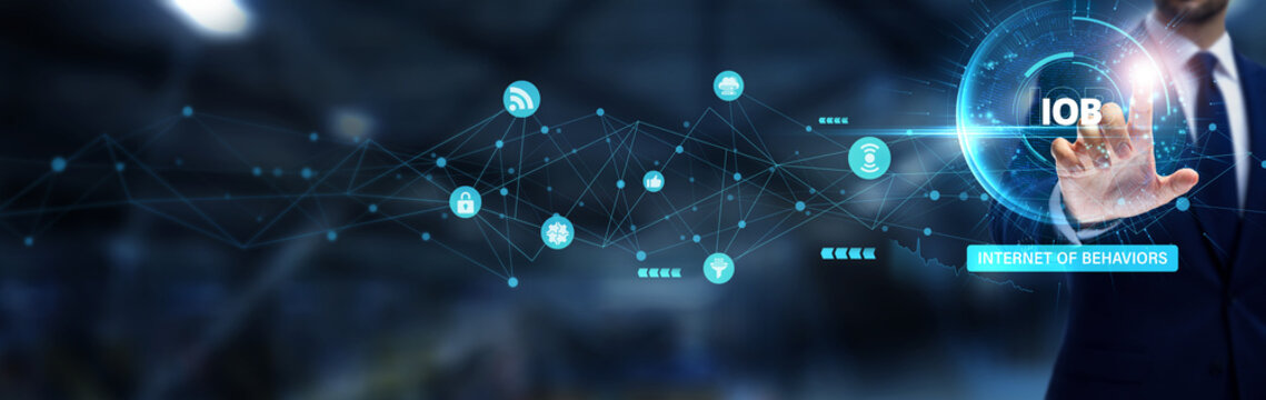 Internet Of Behaviors, Businessman hand touching the global networking and Internet of Behaviors analytics that track digital interactions to optimize marketing, user engagement, and decision-making