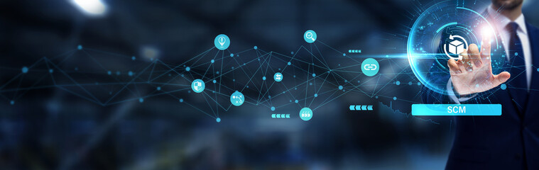 SCM, Businessman hand touching the global networking and supply chain management systems that...