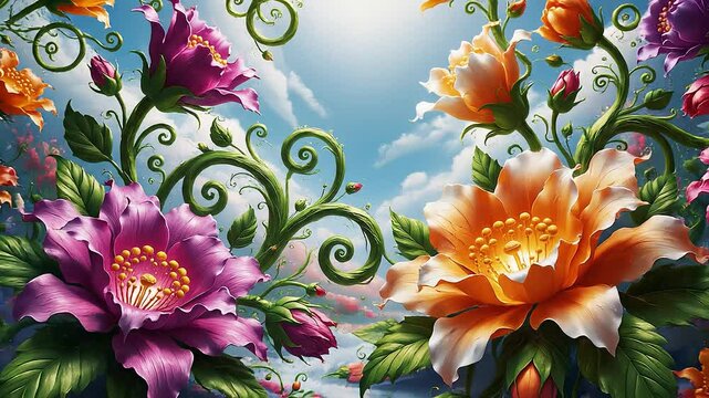 Painted floral vines growing and revealing a blue sky with clouds, a beautiful animated garden flourishing in an oil painting style