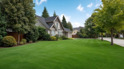 Obraz premium Charming Suburban Home with Lush Green Lawn and Bright Blue Sky Surrounded by Trees and Peaceful Neighborhood Atmosphere Perfect for Families
