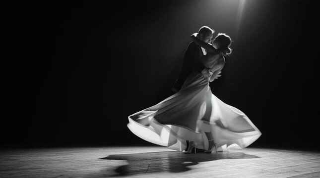Bride and groom dancing slowly in an empty space, soft spotlight lighting. Motion blur in the flowing dress fabric creates a timeless, romantic wedding moment.
