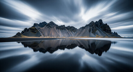  A Long Exposure of Jagged Peaks in Iceland's Mirror Waters