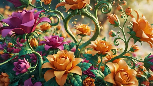 Magical growing flower garden with blooming roses and sparkling lights creating an enchanted fairytale forest animation