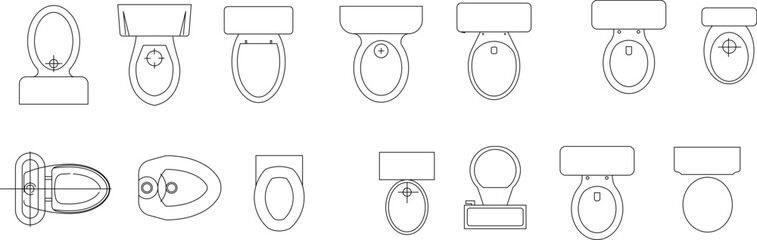 Technical vector illustration of various toilet and bidet designs from a top view, featuring minimalist oval and rectangular floor plans. © Riki