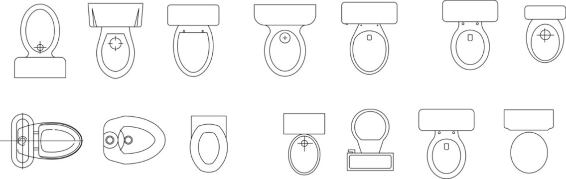 Technical vector illustration of various toilet and bidet designs from a top view, featuring minimalist oval and rectangular floor plans.