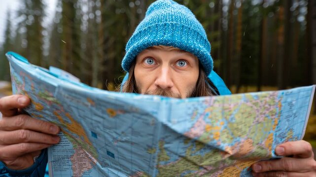 Lost tourist with a funny surprised face expression holding a paper map and looking for the right direction in a forest