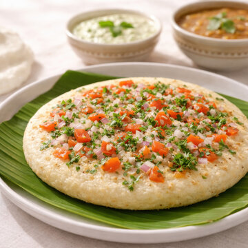 South indian uttapam served on banana leaf topped with tomato onion and herbs alongside coconut chutney and sambar bowls highlighting traditional vegetarian breakfast cuisine recipe