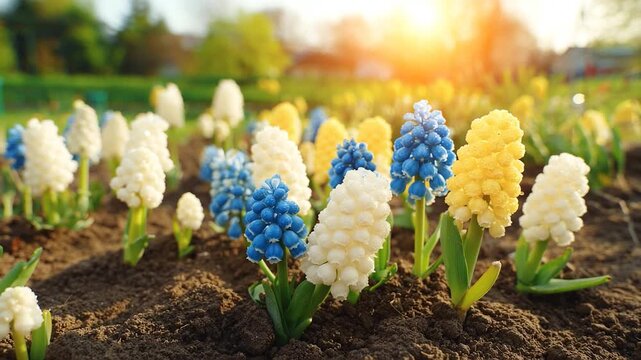 Blue and yellow muscari flowers growing in a sunny spring garden bed representing the colors of the ukrainian flag