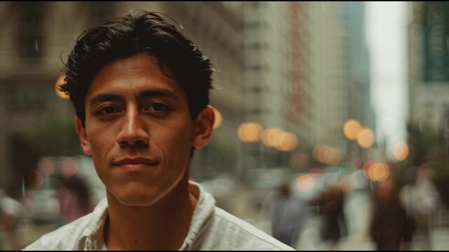 Handsome young hispanic man looking at camera and smiling on a busy city street during a light rain