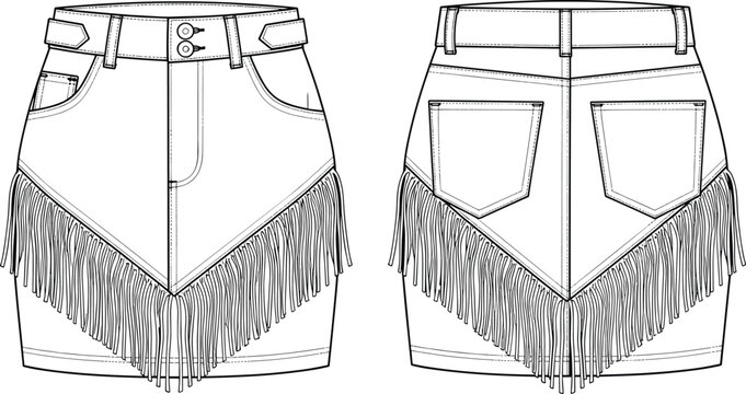 High waisted skirt fashion cad drawing, flat vector illustration, technical garment sketch, front back view, fringe detail, pockets, belt loops