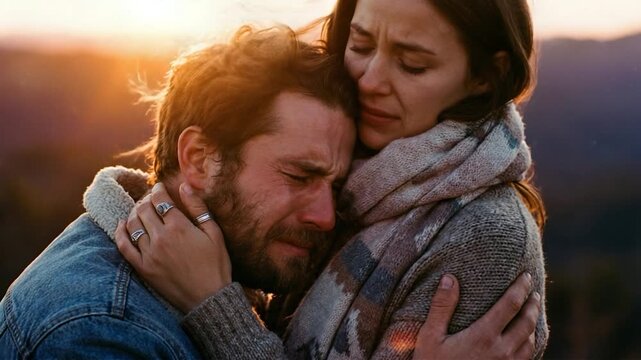 Embrace and Grief: In the soft glow of a setting sun, a couple shares an intimate embrace, their faces etched with sorrow, creating a scene of solace and mutual support. 