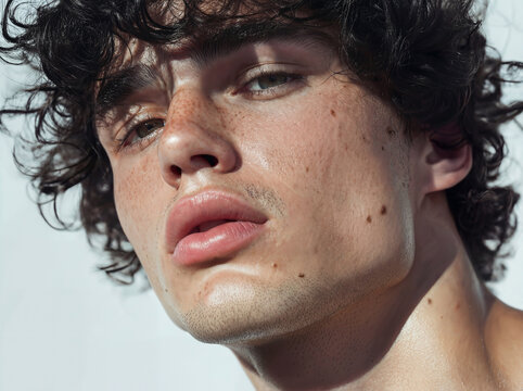 jeune homme aux cheveux boucl&eacute;s noir et taches de rousseur, barbe naissante, l&egrave;vres pulpeuses, lumi&egrave;re naturelle solaire, l&eacute;g&egrave;re contre plong&eacute;e