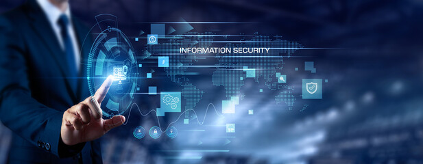 Fototapeta premium Businessman touching Information Security and networking. Data protection, network defense, cyber risk management, secure system, digital safety, technology protection concept.