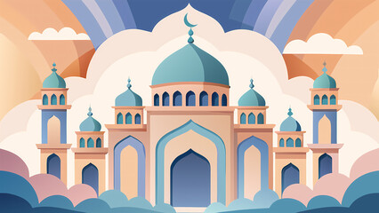 Fototapeta premium Eid Mubarak Islamic Celebration Background – Festive Greeting with Mosque and Crescent Moon