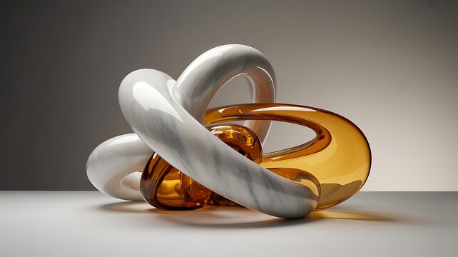 Interlocking white marble and amber glass sculpture on gray background