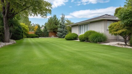 Serene Residential Backyard with Lush Green Grass, Well-Maintained Shrubs, and Trees Under a Clear Blue Sky in a Peaceful Neighborhood Setting