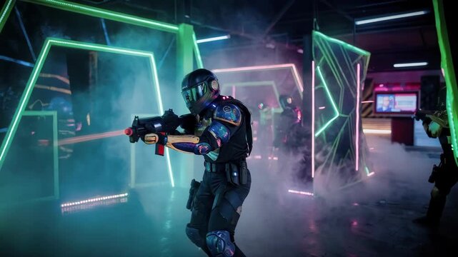 Vibrant team color contrast in laser tag arena neon green barriers cutting through swirling fog centering on intense player preparing for action in the glowing labyrinth.