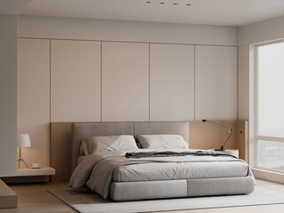 Modern Beige Hotel Bedroom Interior for Hospitality and Accommodation Design, 3D Render
