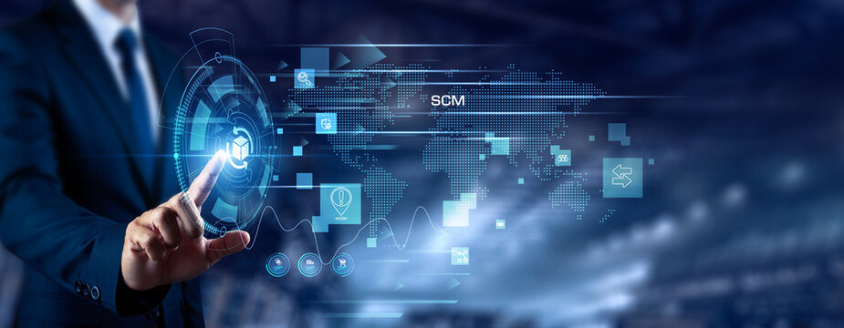 Businessman touching SCM and networking. Supply chain management, logistics optimization, inventory control, operational efficiency, business process, corporate workflow concept.