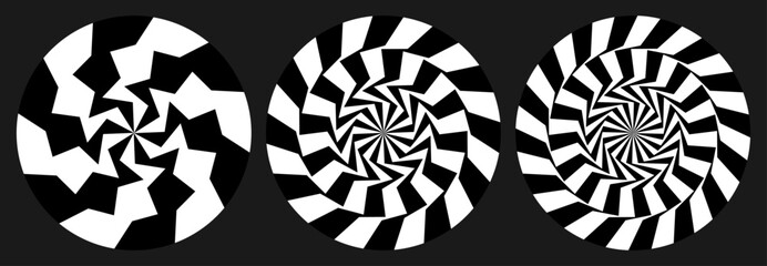 Sharp star shape lines pattern, spiral vortex black and white vector set.