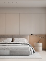 Clean Minimalist Bedroom Interior Background for Website and Digital Design, 3D Render
