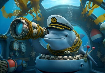 Dolphin Captain with Spyglass Navigating Ocean Depths