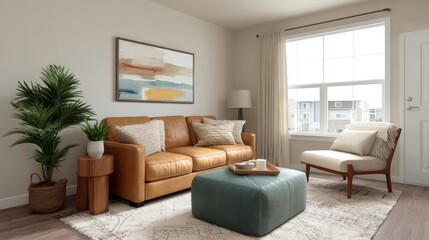 Cozy modern living room with leather sofa, decorative pillows, indoor plants, and a large window for natural light, inviting atmosphere and stylish decor.