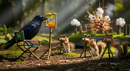 Crow filming squirrels making art in forest studio
