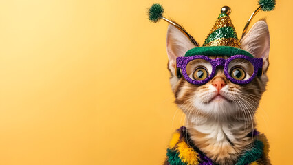 Obraz premium Cat dressed in festive costume with hat and glasses on yellow background, Mardi Gras