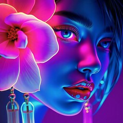 Close up of beautiful woman face with pink flowers, artistic portrait with blue eyes and floral accessories, vibrant neon lighting
