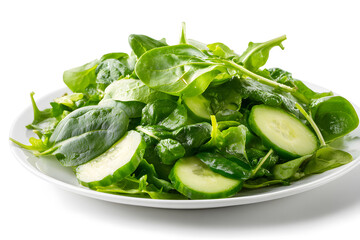 Obraz premium Fresh greens and cucumber arranged on a white surface ready for salad preparation and serving