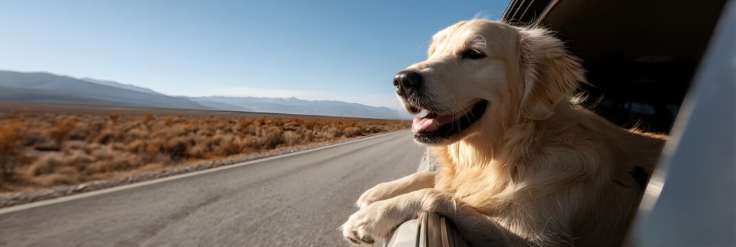 A happy golden retriever with its head out of the car window while driving through a desert landscape